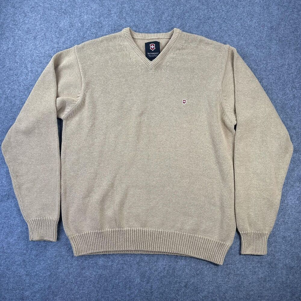 Victorinox Sweater Mens XL Beige Cotton V Neck Knit Long Sleeve Logo Swiss Army